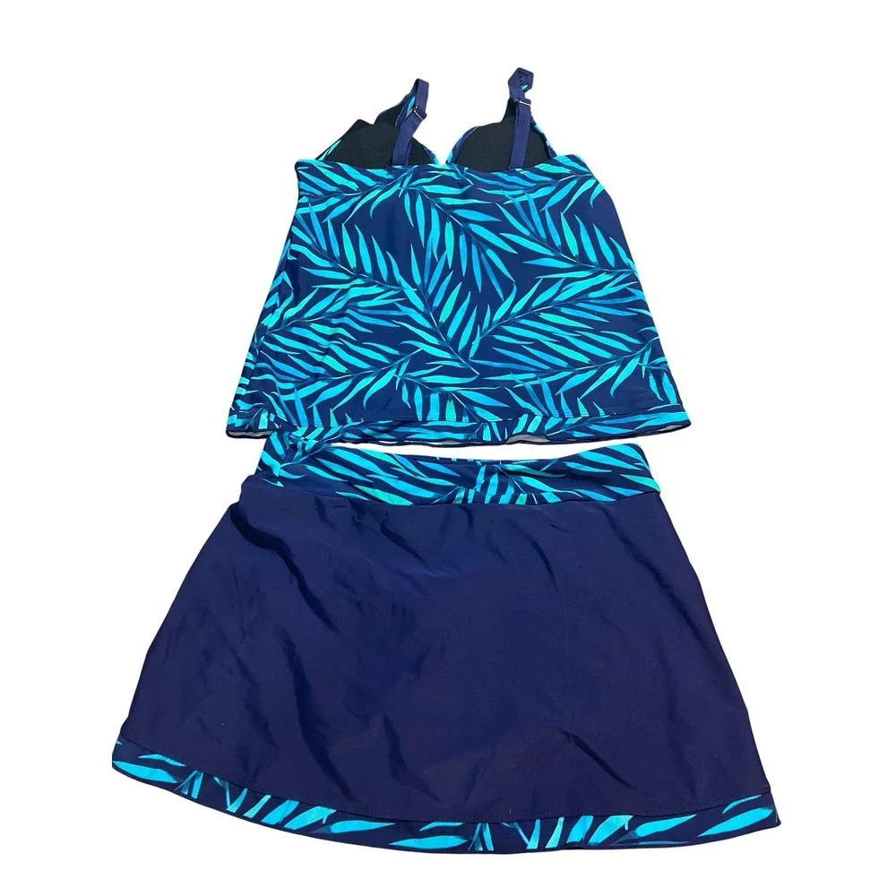 Rekita Womens Tropical Palm Leaf Tankini Set Navy Teal Swim Skirt Medium NEW - Picture 3 of 9